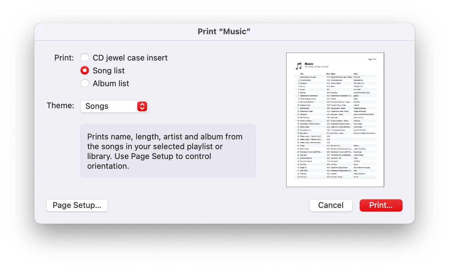 Music app print dialog set to print the song list