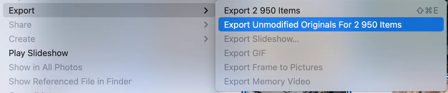 Photos File menu: Export Unmodified Originals for 2,950 items